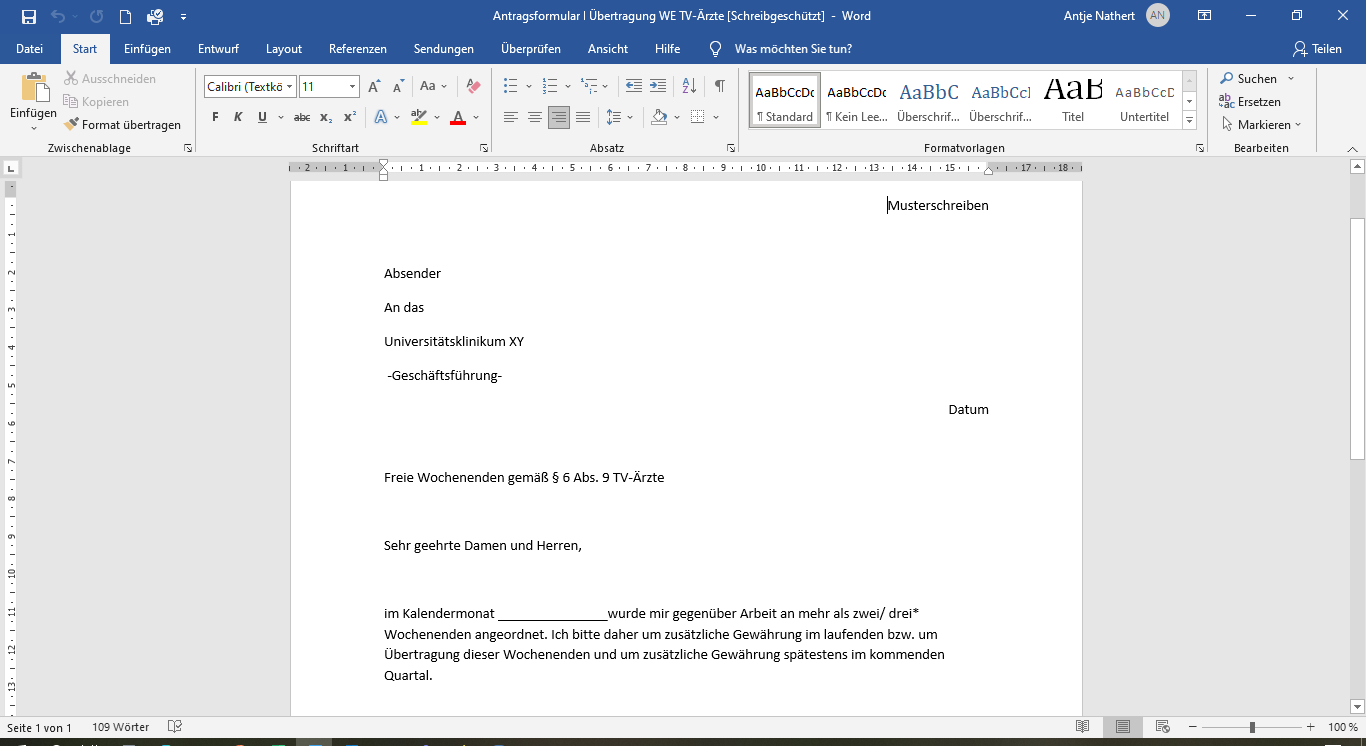 Musterschreiben Übertragung Wochenenden