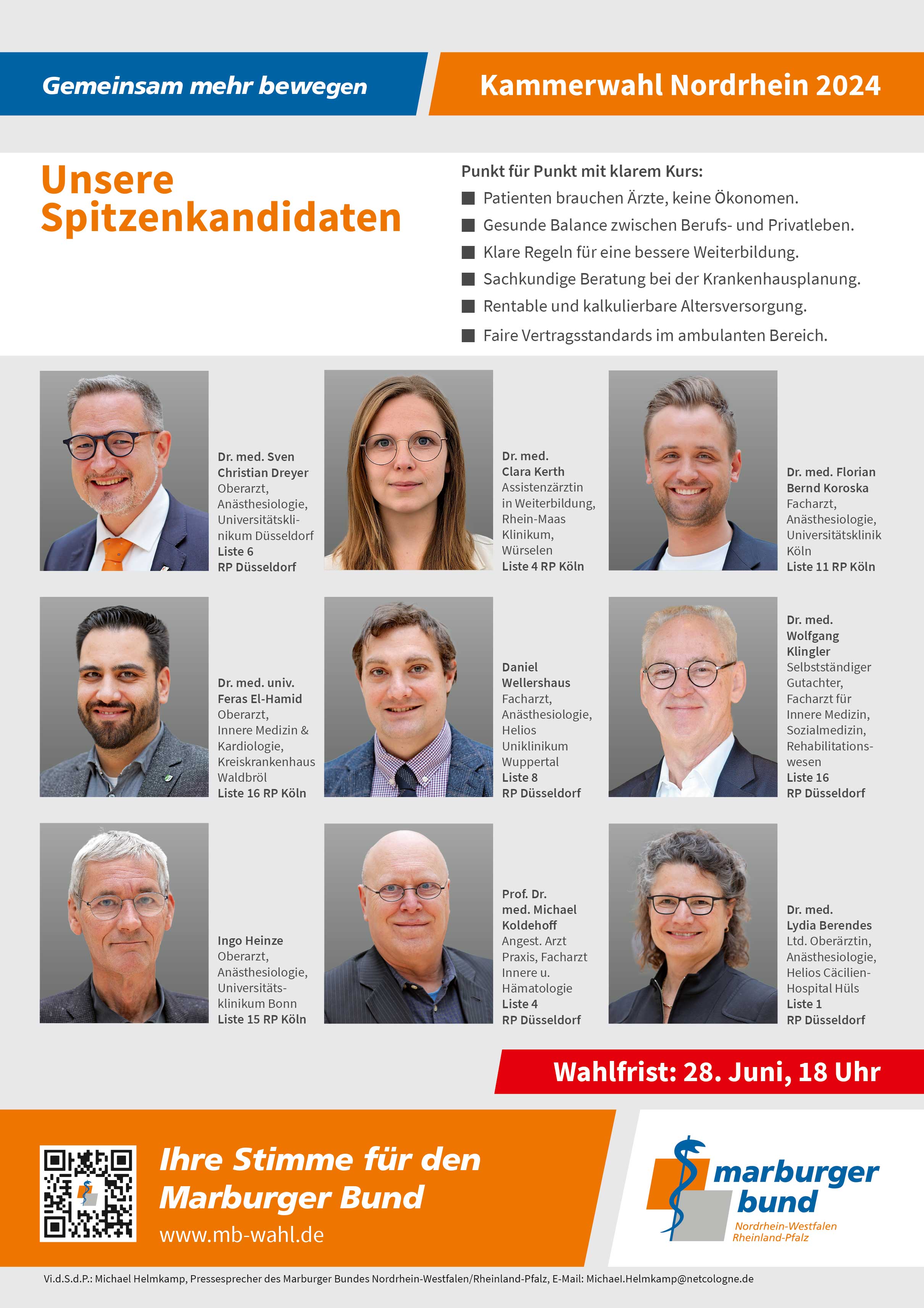 Neun Spitzenkandidaten - ein gemeinsames Ziel: Ihre Stimmen für eine faire Repräsentanz der großen Mehrheit der angestellten Ärztinnen und Ärzte in der Kammer.