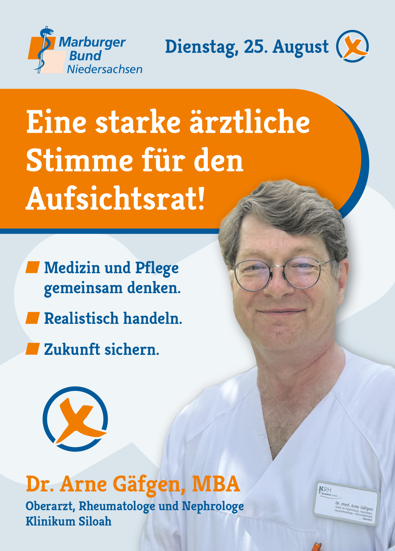 Vorderseite Wahlflyer, Foto Dr. Arne Gäfgen mit drei Kernthemen