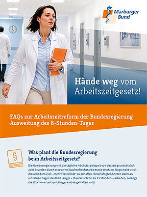 Flyer zur Reform des Arbeitszeitgesetzes: Ärztin läuft durch Krankenhausflur