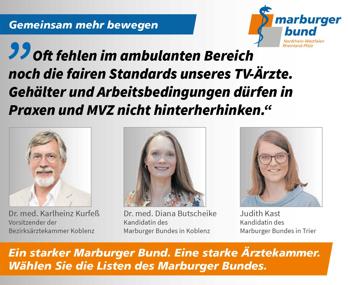 Dr. med. Diana Butscheike, Dr. med. Karlheinz Kurfeß und Judith Kast fordern faire Standards für Gehälter und Arbeitsbedingungen in MVZ und Praxen.. 