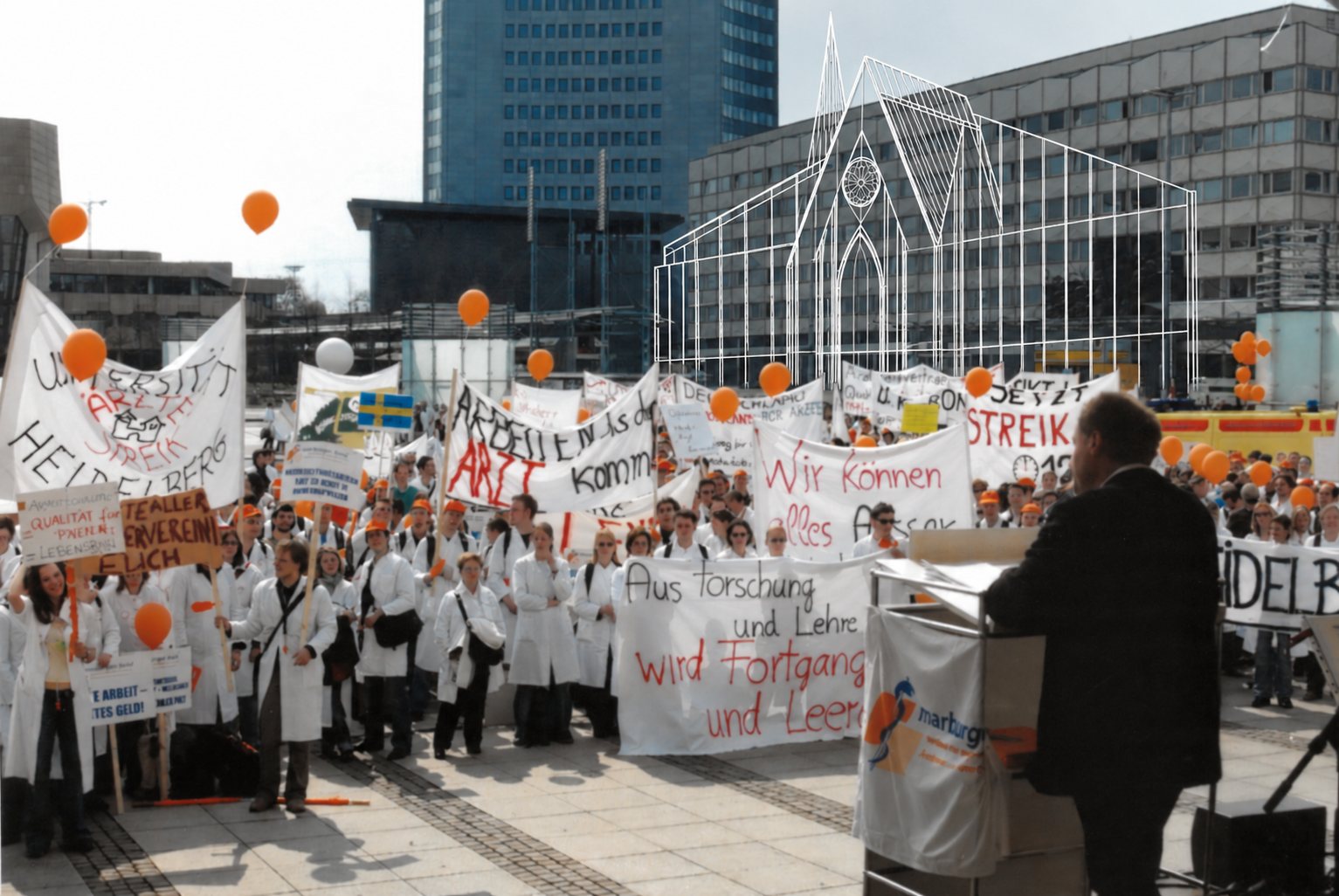 Der gespendete Stuhl steht im neuen Universitätsgebäude – hier weiß skizziert. Unmittelbar davor streikten 2006 Ärztinnen und Ärzte für eigene Tarifverträge. Bild: MB Sachsen. 