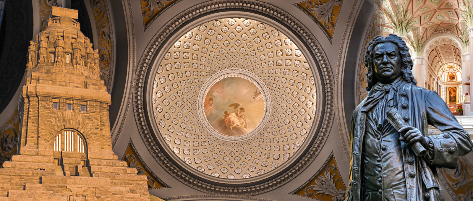 Hauptversammlung des Marburger Bundes in Leipzig, Foto-Collage: Gewölbedecken-Nikolaikirche, Johann Sebastian Bach Denkmal, Völkerschlachtdenkmal,