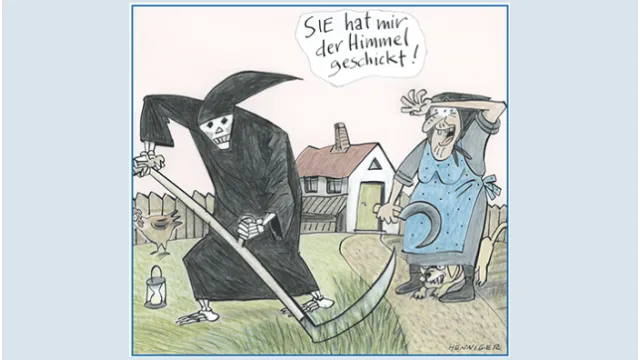 Cartoon: Der Tod hilft einer alten Frau mit der Sense den Rasen zu mähen. "Sie hat mir der Himmel geschickt!"